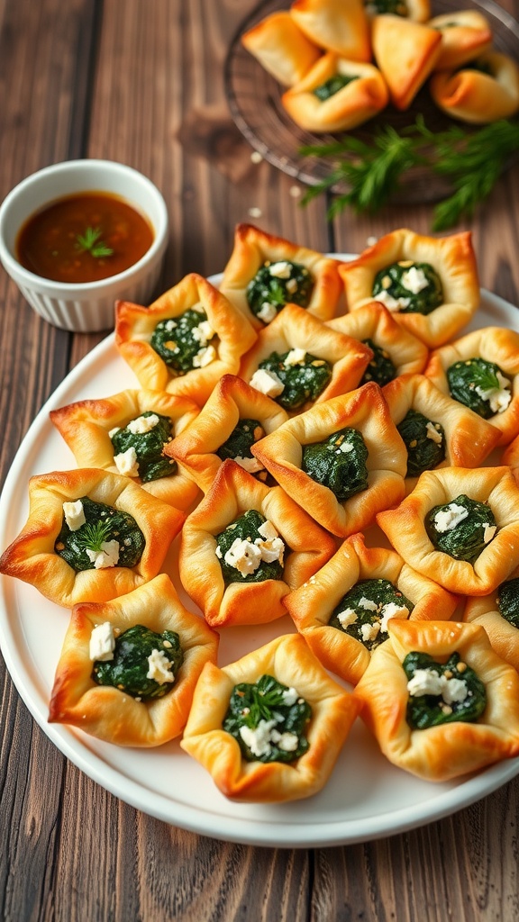 Savory puff pastry bites filled with spinach and feta on a wooden platter, garnished with sesame seeds.